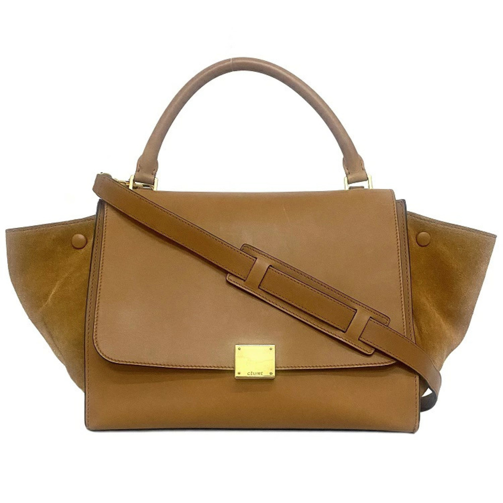 Celine Bag Trapeze Brown Handbag Leather Suede Shoulder Flap Calf Logo
